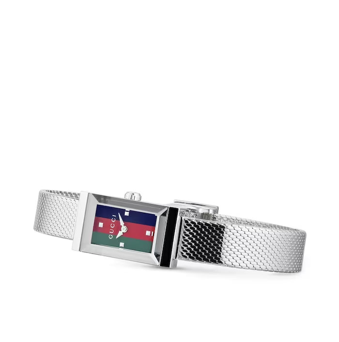 Gucci G Frame Quartz Diamonds Green & Red Mother of Pearl Dial Silver Mesh Bracelet Watch For Women - YA147510