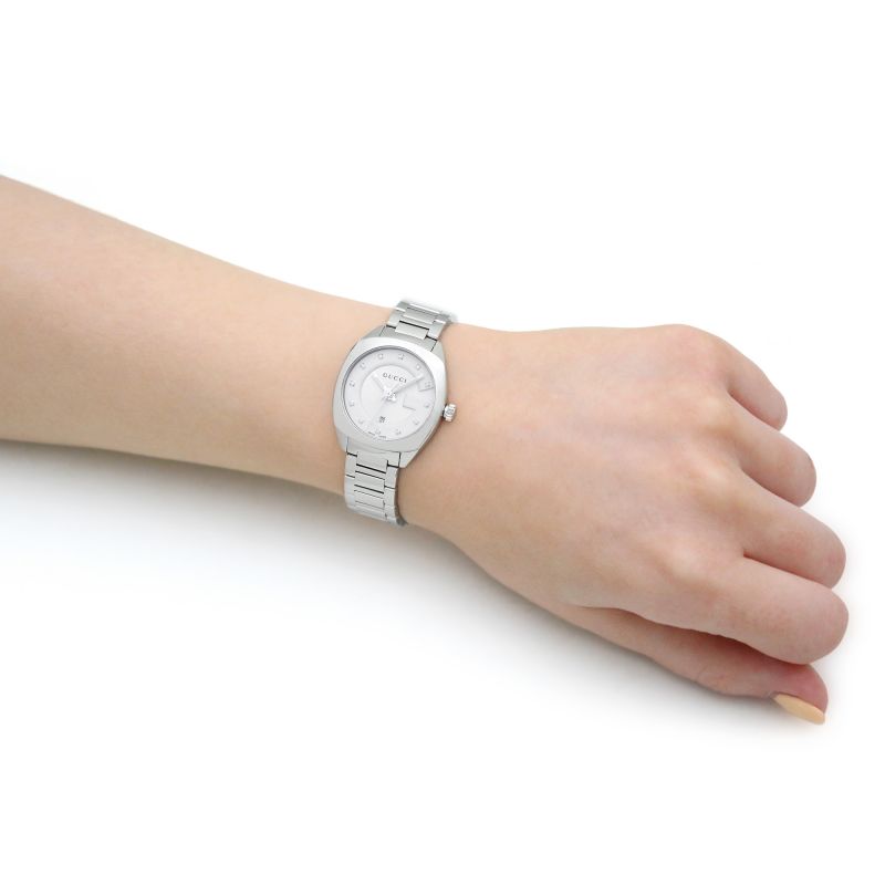 Gucci G Frame Quartz Diamonds Silver Dial Silver Steel Strap Watch For Women - YA142504