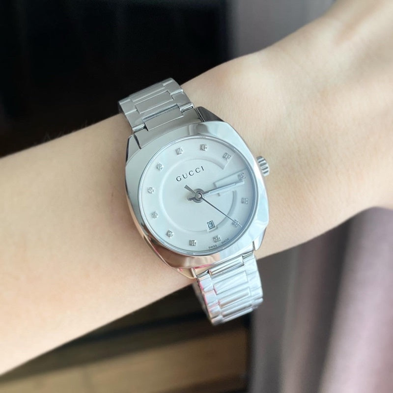 Gucci G Frame Quartz Diamonds Silver Dial Silver Steel Strap Watch For Women - YA142504