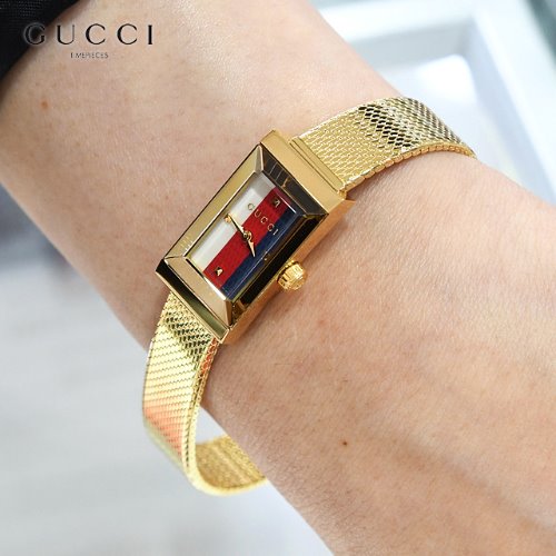 Gucci G Frame Quartz Diamonds White Red Blue Dial Gold Mesh Bracelet Watch For Women - YA147511