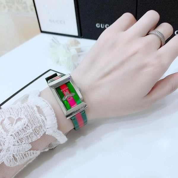 Gucci G Frame Quartz Green & Red Mother of Pearl Dial Multicolor Leather Strap Watch For Women - YA147408
