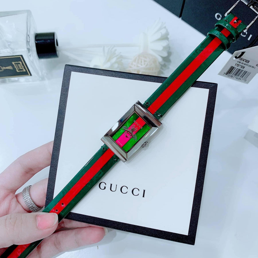 Gucci G Frame Quartz Green & Red Mother of Pearl Dial Multicolor Leather Strap Watch For Women - YA147408