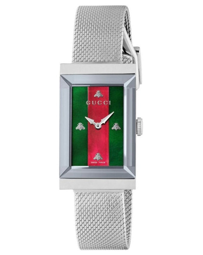 Gucci G Frame Red and Green Dial Silver Mesh Bracelet Watch For Women - YA147401