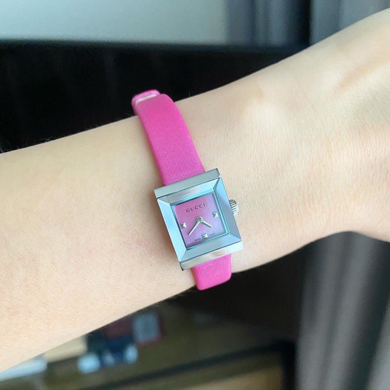 Gucci G-Frame Square Fuchsia Mother of Pearl Dial Fuchsia Leather Strap Watch For Women - YA128533