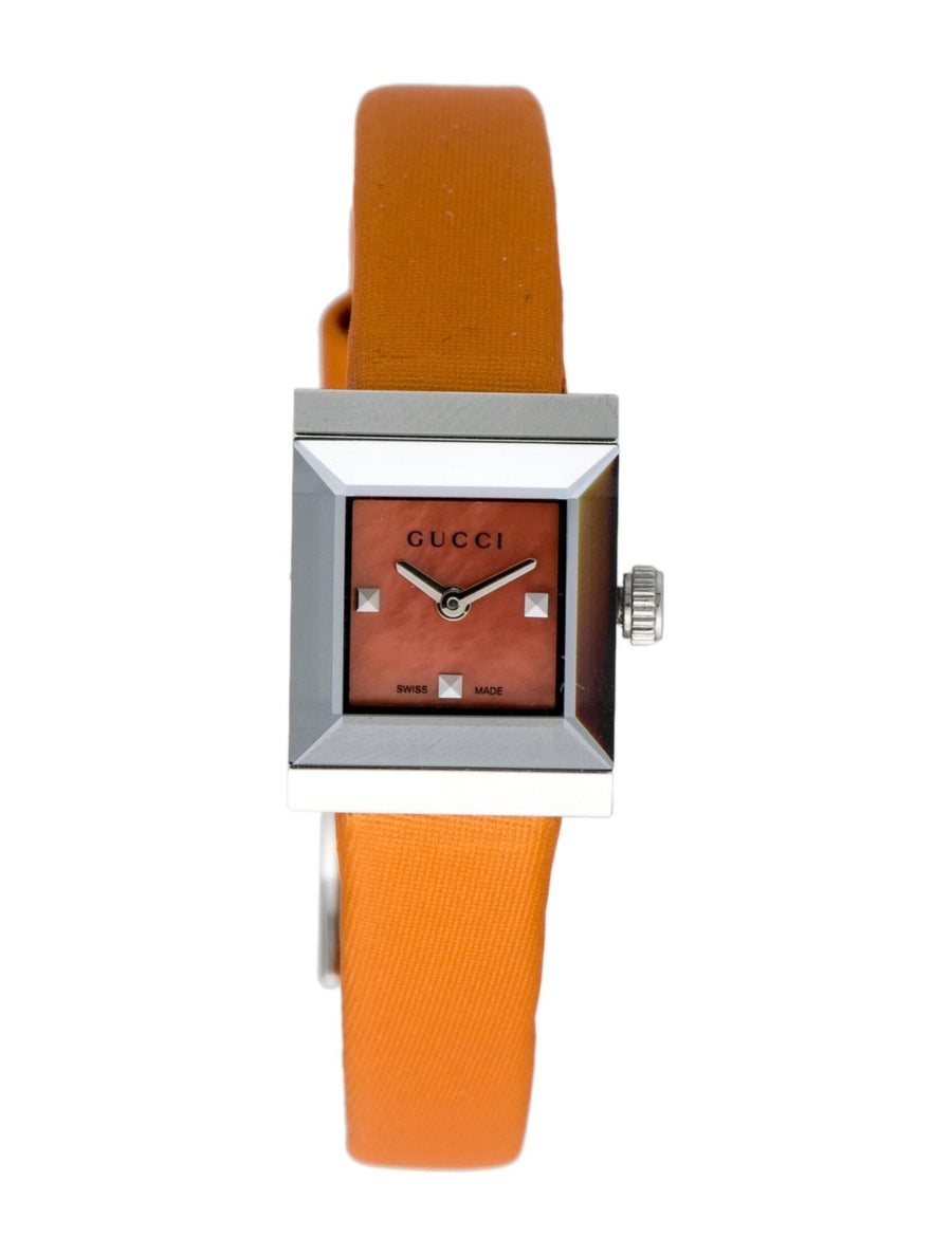 Gucci G-Frame Square Mother of Pearl Orange Dial Orange Leather Strap Watch For Women - YA128532