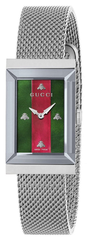 Gucci G Frame Red and Green Dial Silver Mesh Bracelet Watch For Women - YA147401