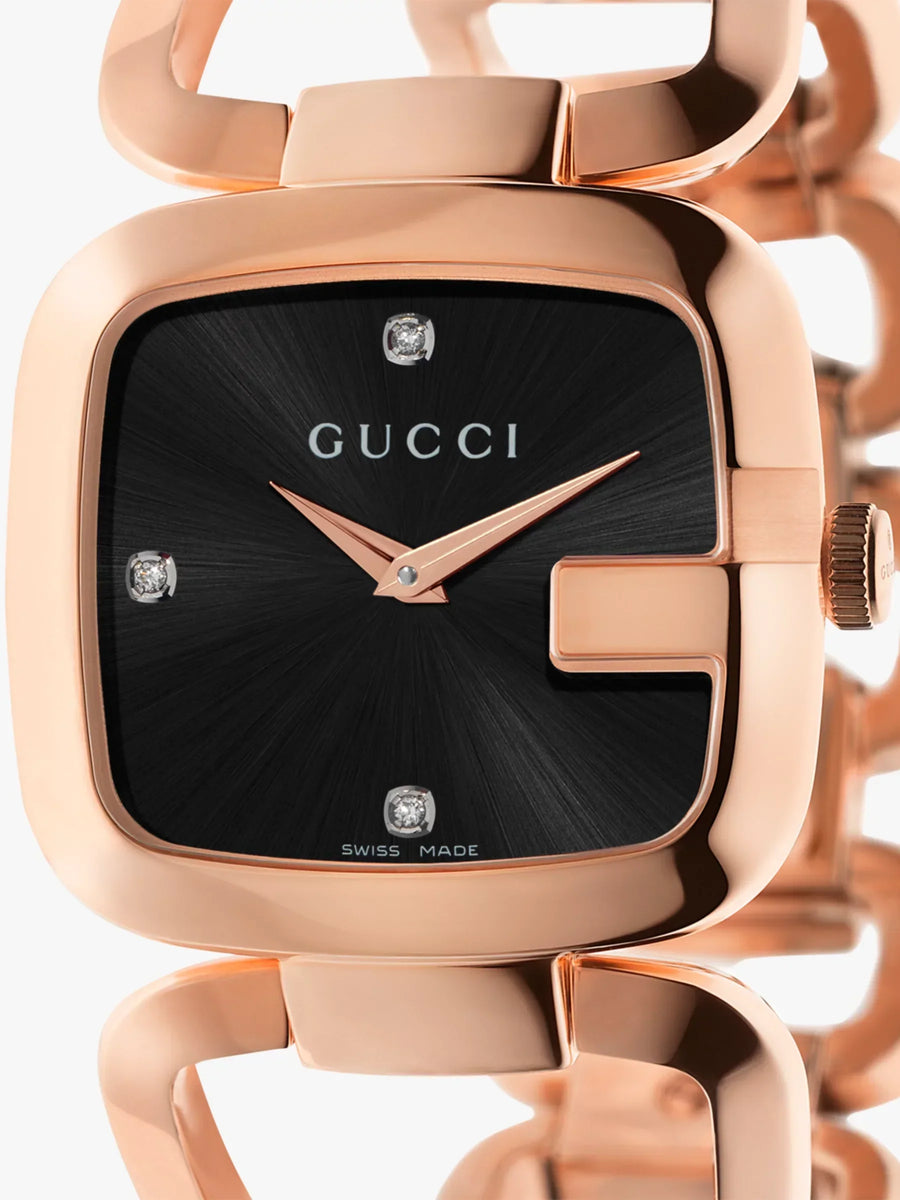 Gucci G Gucci Diamonds Black Dial Rose Gold Steel Strap Watch For Women - YA125409
