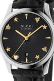 Gucci G Timeless Automatic Black Dial Black Leather Strap Watch For Women - YA126469