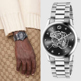 Gucci G Timeless Diamonds Black Dial Silver Steel Strap Watch For Women - YA1264125