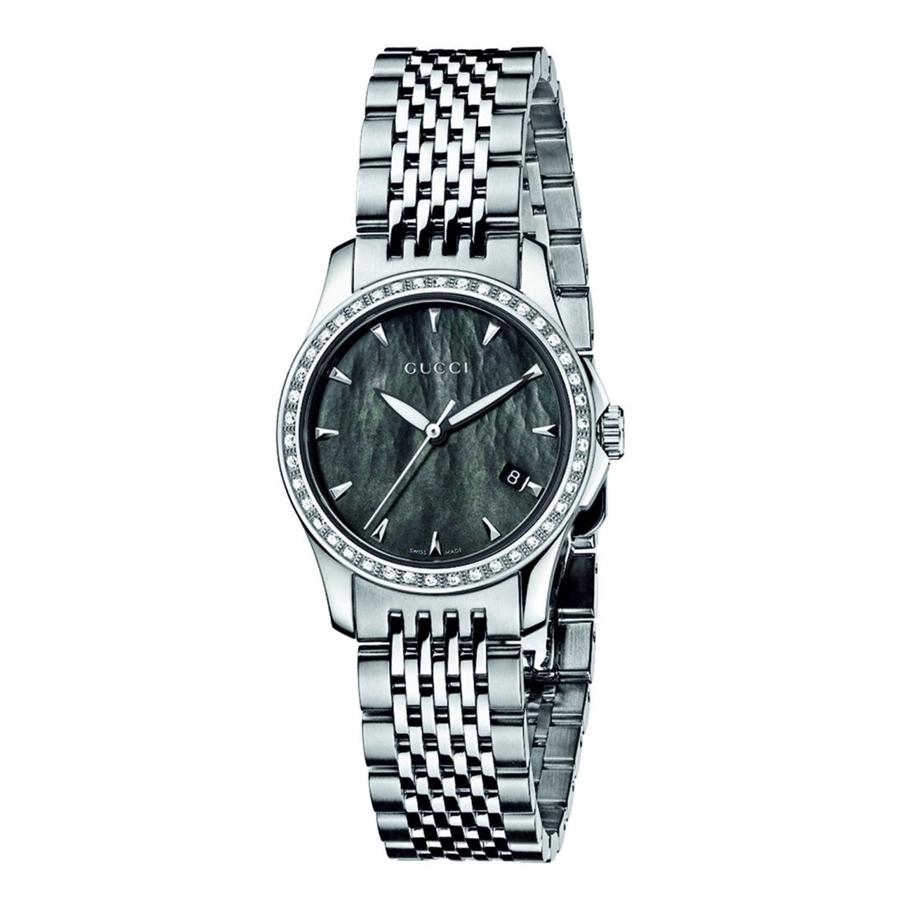 Gucci G Timeless Diamonds Mother of Pearl Black Dial Silver Mesh Bracelet Watch For Women - YA126507