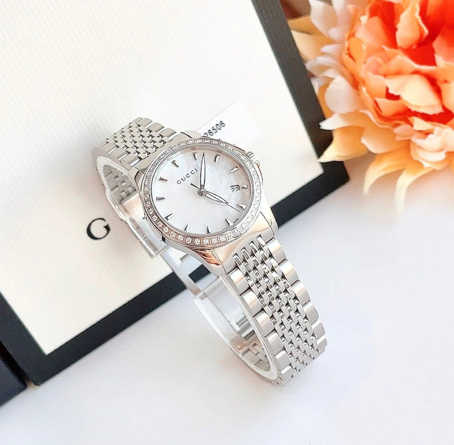 Gucci G Timeless Diamonds Mother of Pearl Dial Silver Steel Strap Watch For Women - YA126506