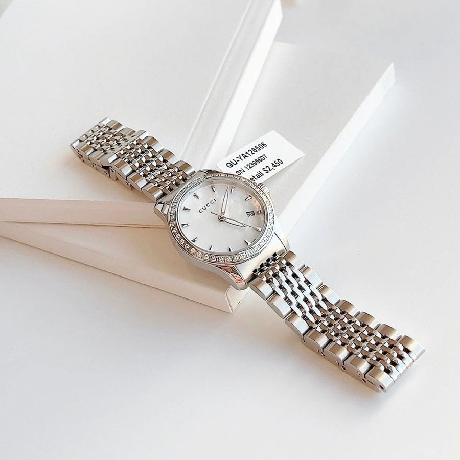 Gucci G Timeless Diamonds Mother of Pearl Dial Silver Steel Strap Watch For Women - YA126506