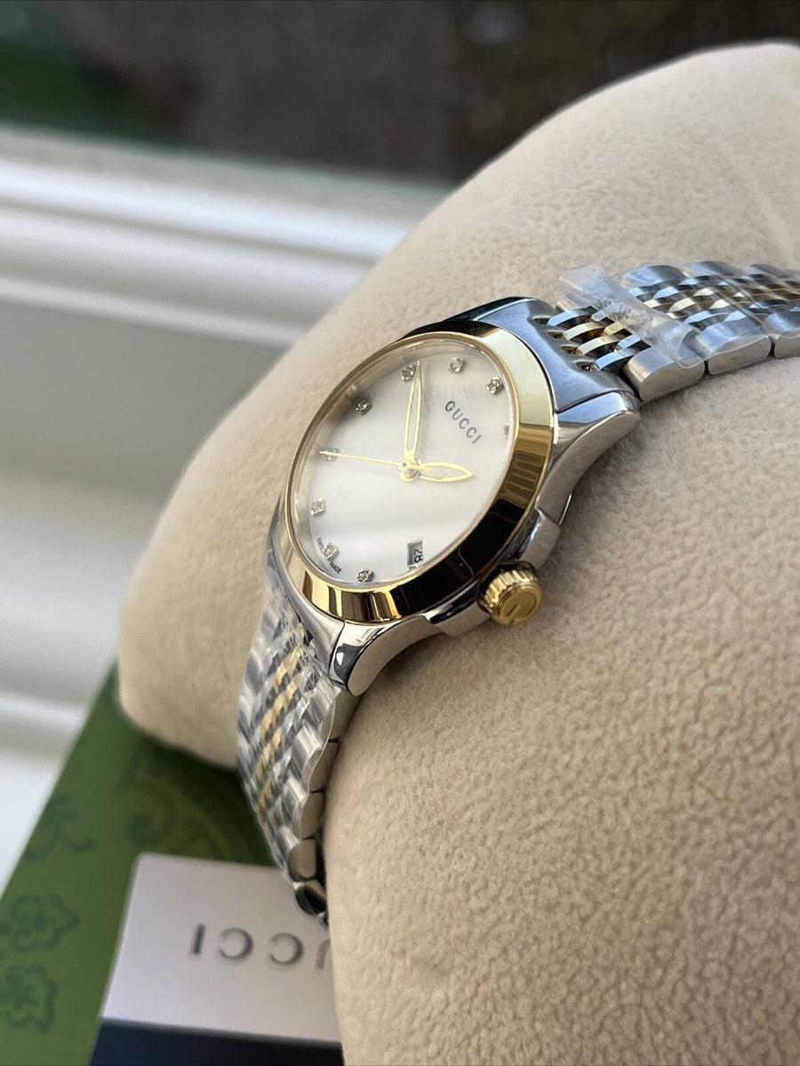 Gucci G Timeless Diamonds Mother of Pearl Dial Two Tone Mesh Bracelet Watch for Women - YA126513