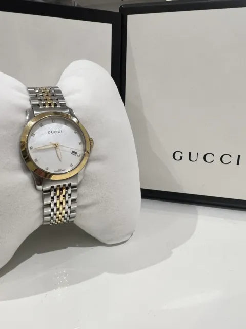 Gucci G Timeless Diamonds Mother of Pearl Dial Two Tone Mesh Bracelet Watch for Women - YA126513