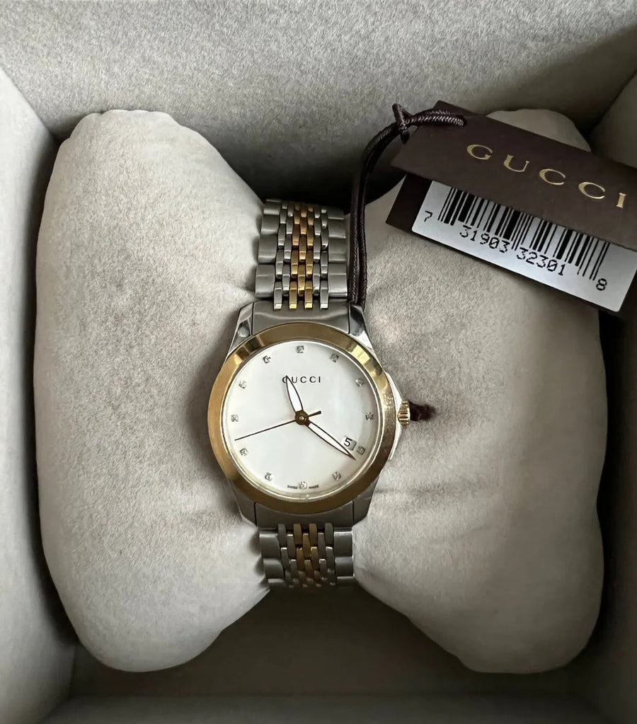 Gucci G Timeless Diamonds Mother of Pearl Dial Two Tone Mesh Bracelet Watch for Women - YA126513