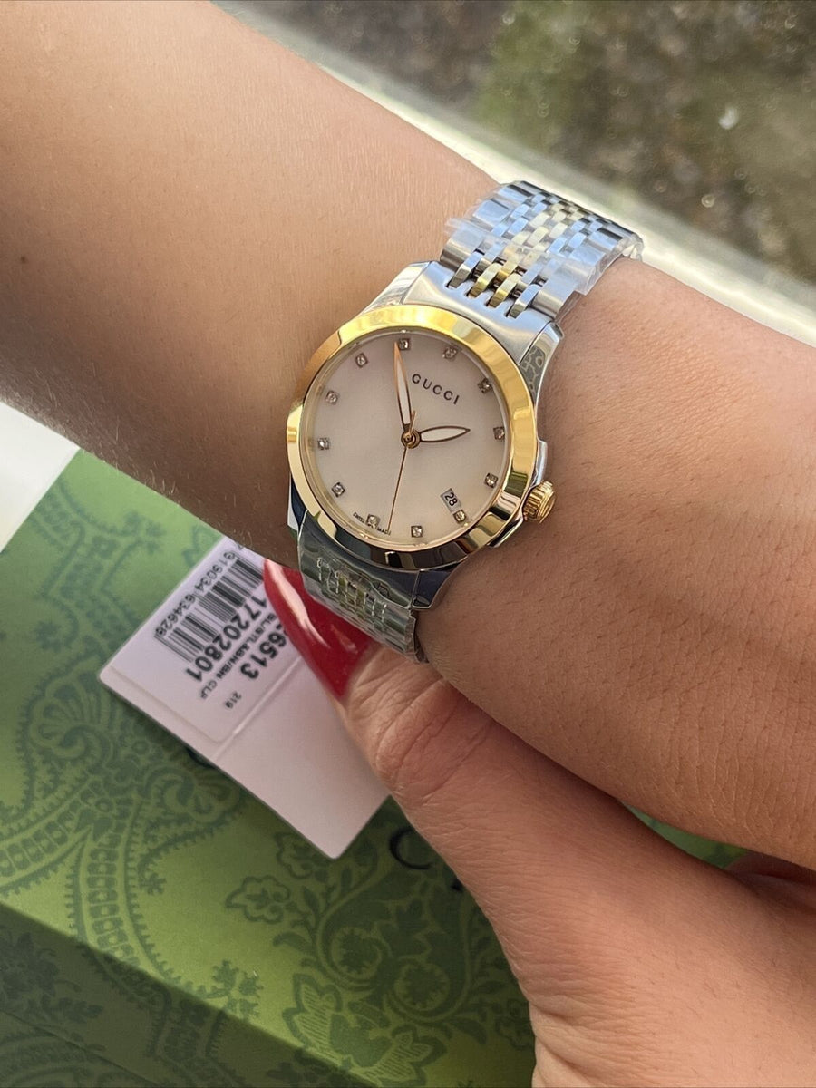Gucci G Timeless Diamonds Mother of Pearl Dial Two Tone Mesh Bracelet Watch for Women - YA126513