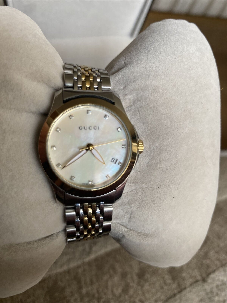 Gucci G Timeless Diamonds Mother of Pearl Dial Two Tone Mesh Bracelet Watch for Women - YA126513