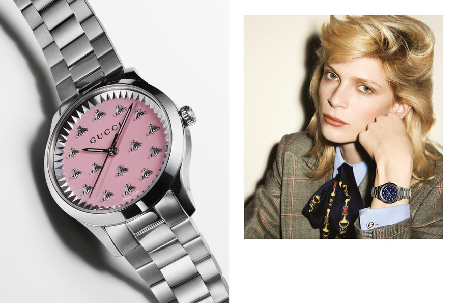 Gucci G Timeless Diamonds Mother of Pearl Pink Dial Silver Steel Strap Watch for Women - YA1265062
