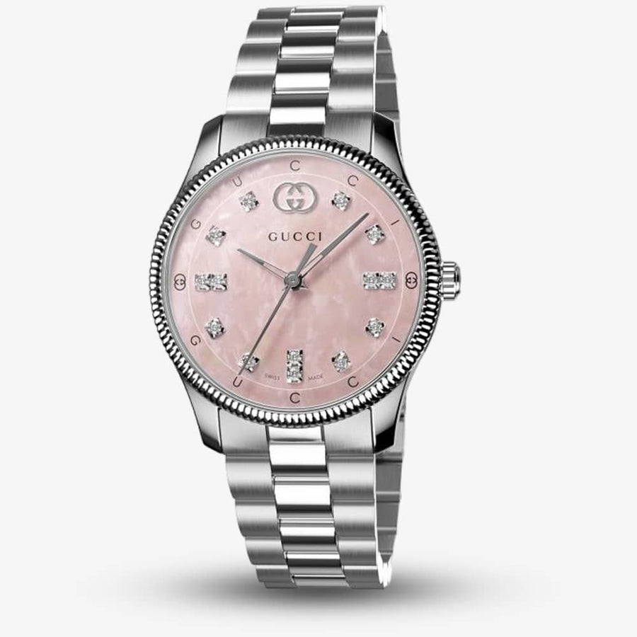 Gucci G Timeless Diamonds Mother of Pearl Pink Dial Silver Steel Strap Watch for Women - YA1265062