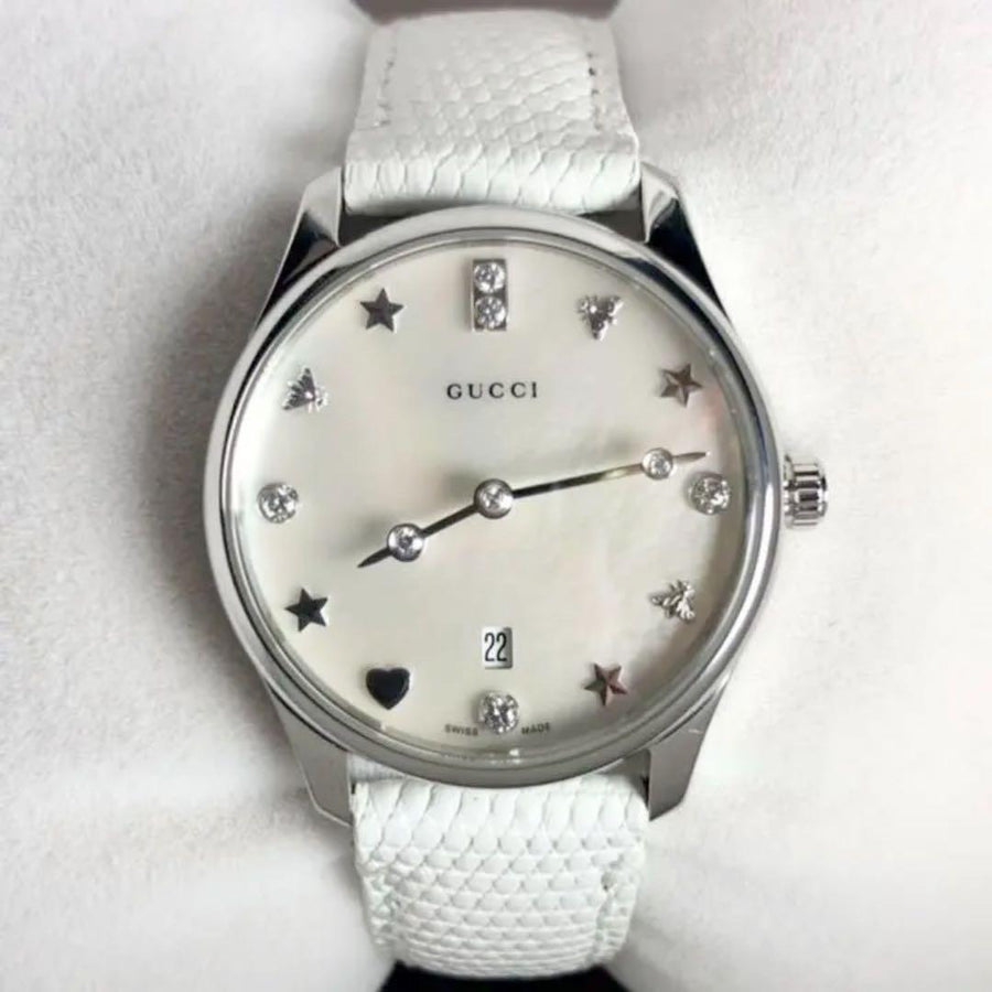 Gucci G-Timeless Mother of Pearl White Dial White Leather Strap Watch For Women - YA126597
