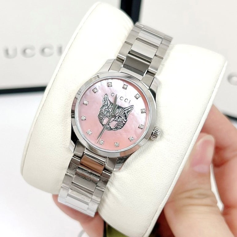 Gucci G Timeless Quartz Mother of Pearl Pink Dial Silver Steel Strap Watch For Women - YA1265013