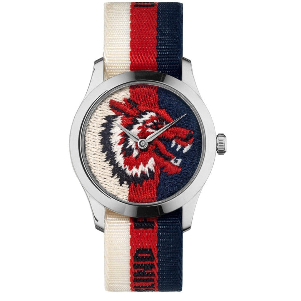 Gucci G Timeless Quartz White Red Blue Dial Multicolored NATO Strap Watch For Men - YA1264059