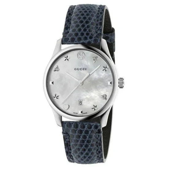 Gucci G-Timeless Signature Mother of Pearl Silver Dial Blue Leather Strap Watch For Women - YA1264049