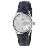 Gucci G-Timeless Signature Mother of Pearl Silver Dial Blue Leather Strap Watch For Women - YA1264049