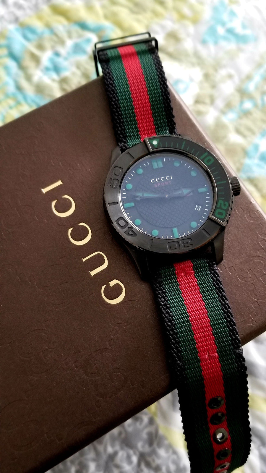 Gucci G Timeless Sport Black Dial Two Tone NATO Strap Watch For Men - YA126229