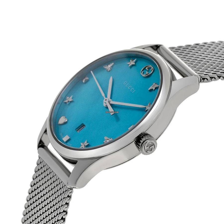 Gucci G-Timeless Turquiose Mother of Pearl Dial Silver Mesh Bracelet Watch For Women - YA1264039