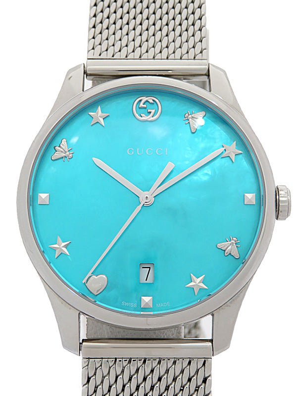 Gucci G-Timeless Turquiose Mother of Pearl Dial Silver Mesh Bracelet Watch For Women - YA1264039