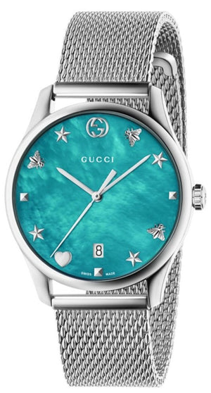 Gucci G-Timeless Turquiose Mother of Pearl Dial Silver Mesh Bracelet Watch For Women - YA1264039