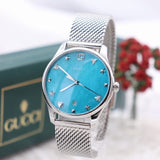 Gucci G-Timeless Turquoise Mother of Pearl Dial Silver Mesh Bracelet Watch For Women - YA126582
