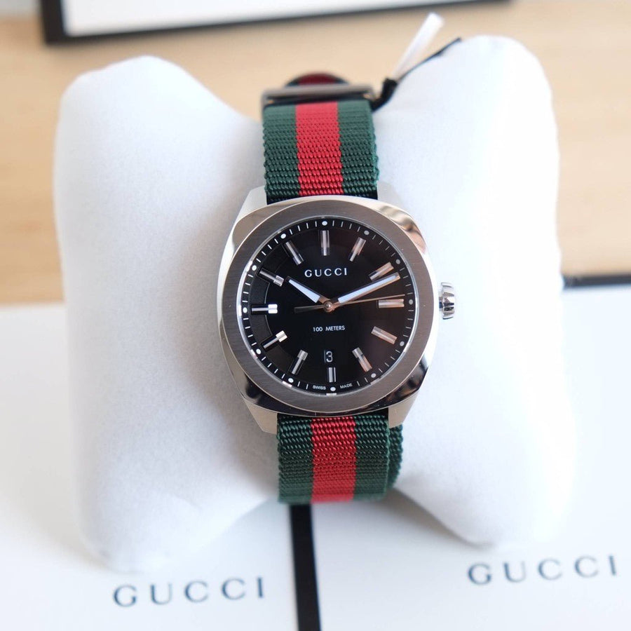 Gucci GG2570 Quartz Black Dial Green & Red Nylon Strap Watch For Men - YA142305