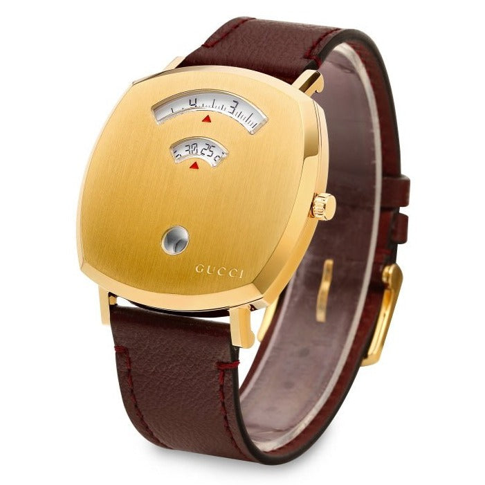 Gucci Grip Yellow Gold Dial Maroon Leather Strap Unisex Watch - YA157411