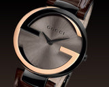 Gucci Interlocking G 18K Gold Black Dial Brown Leather Strap Watch For Women - YA133304