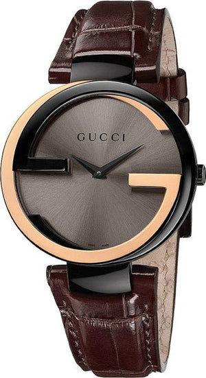 Gucci Interlocking G 18K Gold Black Dial Brown Leather Strap Watch For Women - YA133304