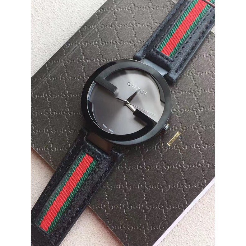 Gucci Interlocking G XL Black Dial Red & Green Leather Strap Watch For Men - YA133206
