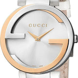 Gucci Interlocking 18K Gold Silver Dial White Leather Strap Watch For Women - YA133303