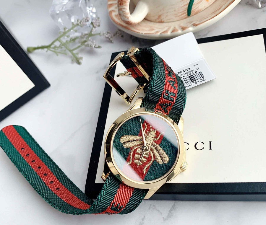 Gucci Le Marche des Merveilles Green & Red Dial Green & Red NATO Strap Unisex Watch - YA126487