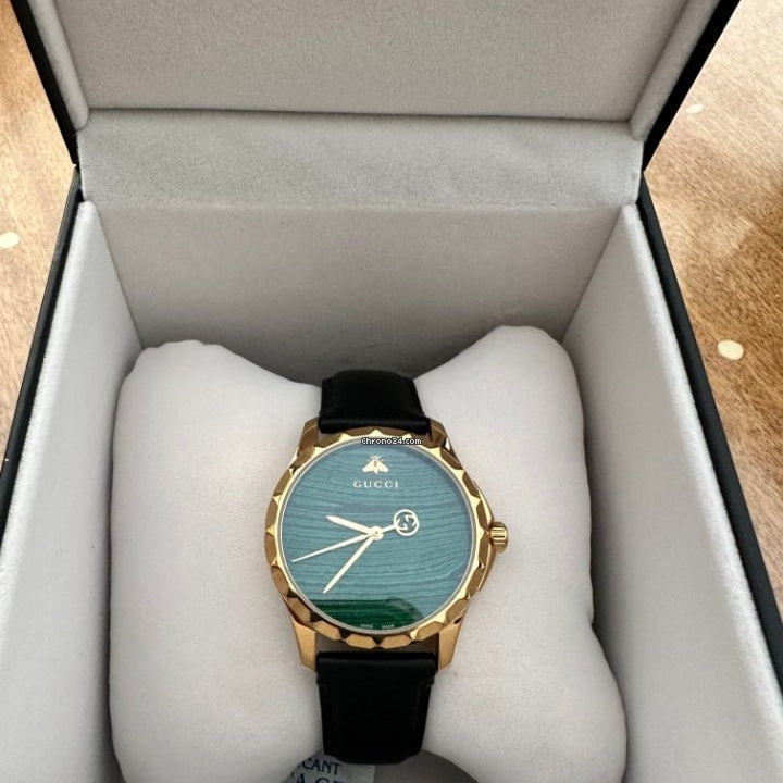 Gucci Le Marche Des Merveilles Quartz Green Dial Black Leather Strap Watch For Women - YA126463