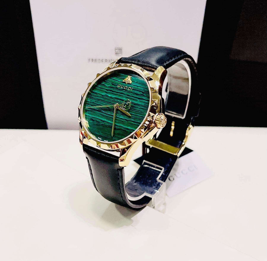Gucci Le Marche Des Merveilles Quartz Green Dial Black Leather Strap Watch For Women - YA126463