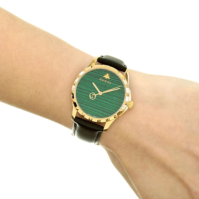 Gucci Le Marche Des Merveilles Quartz Green Dial Black Leather Strap Watch For Women - YA126463
