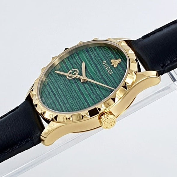 Gucci Le Marche Des Merveilles Quartz Green Dial Black Leather Strap Watch For Women - YA126463