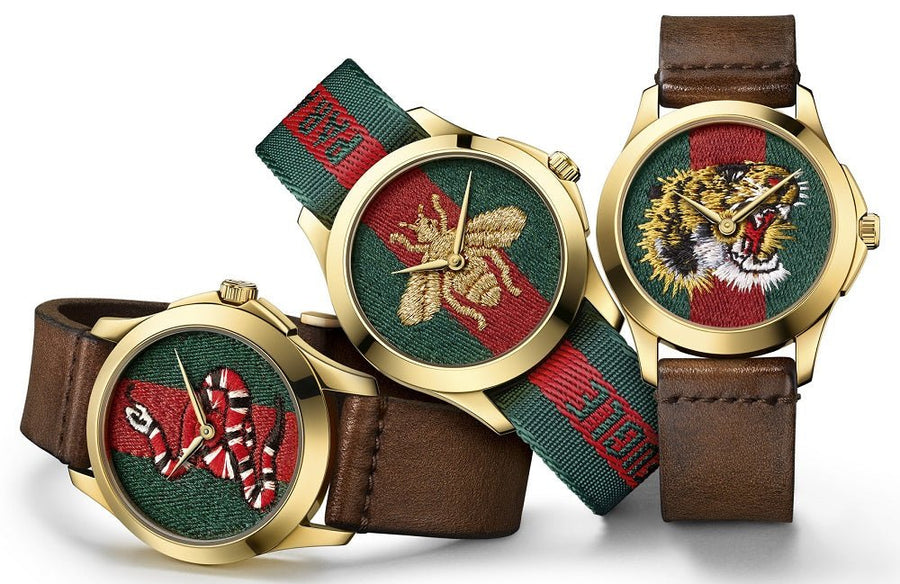 Gucci Le Marche Des Merveilles Red & Green Dial Brown Leather Strap Unisex Watch - YA126497