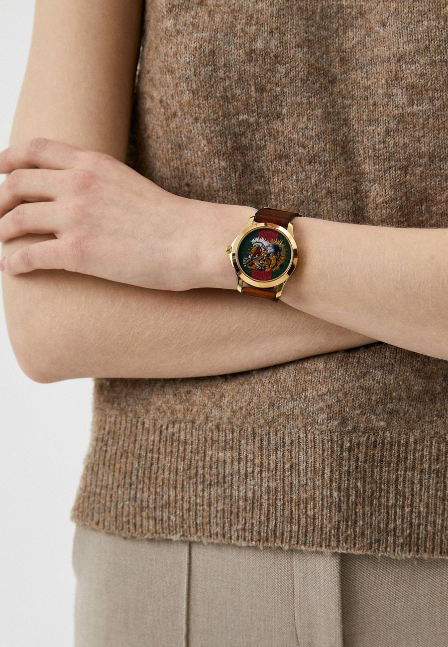 Gucci Le Marche Des Merveilles Red & Green Dial Brown Leather Strap Unisex Watch - YA126497