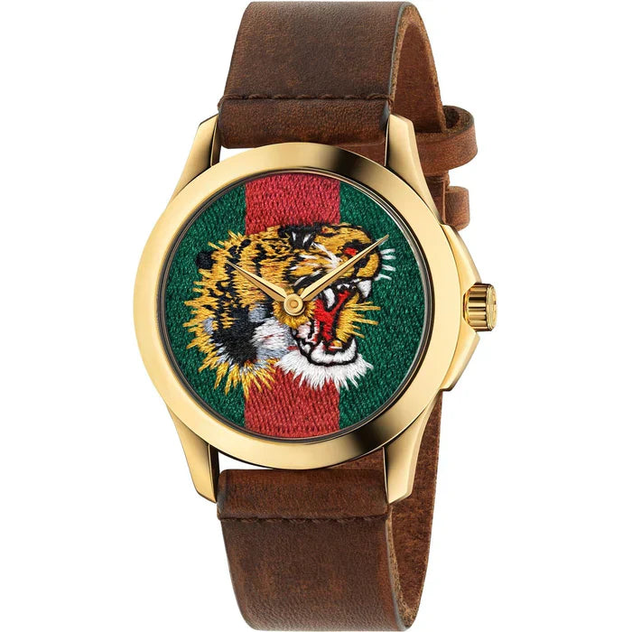 Gucci Le Marche Des Merveilles Red & Green Dial Brown Leather Strap Unisex Watch - YA126497
