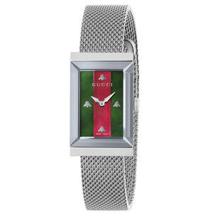 Gucci G Frame Red and Green Dial Silver Mesh Bracelet Watch For Women - YA147401