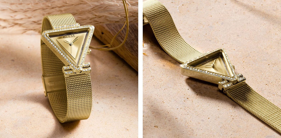 Guess Fame Diamonds Gold Dial Gold Mesh Bracelet Watch for Women - GW0508L2