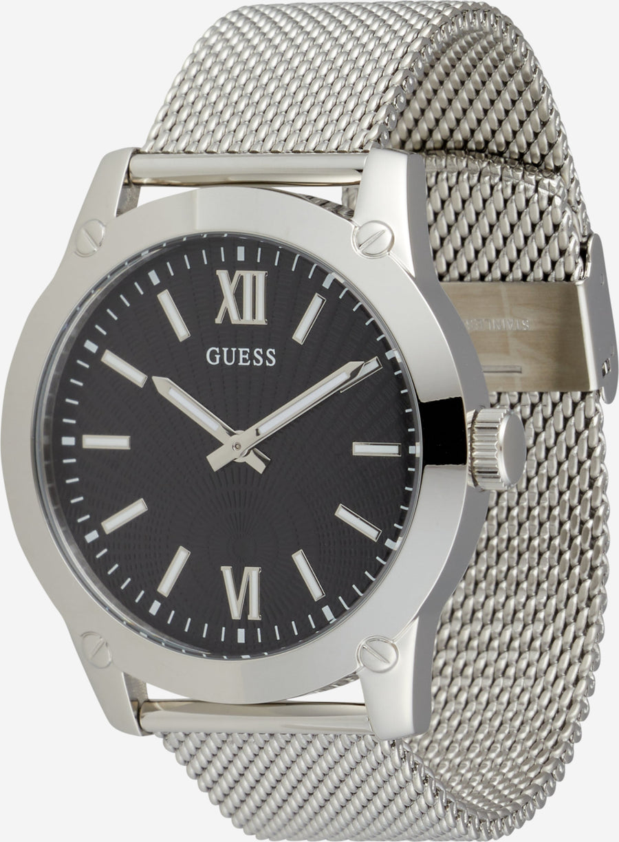 Guess Analog Black Dial Silver Mesh Bracelet Watch for Men - W1263G1